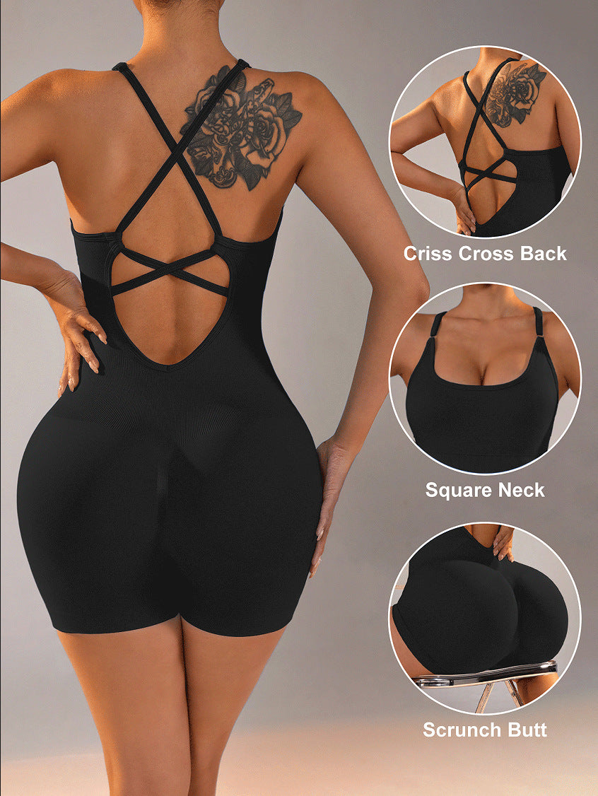 Size S Black Nylon Seamless Yoga Bodysuit - Women's Athletic Romper, Crisscross Back, Workout Jumpsuit