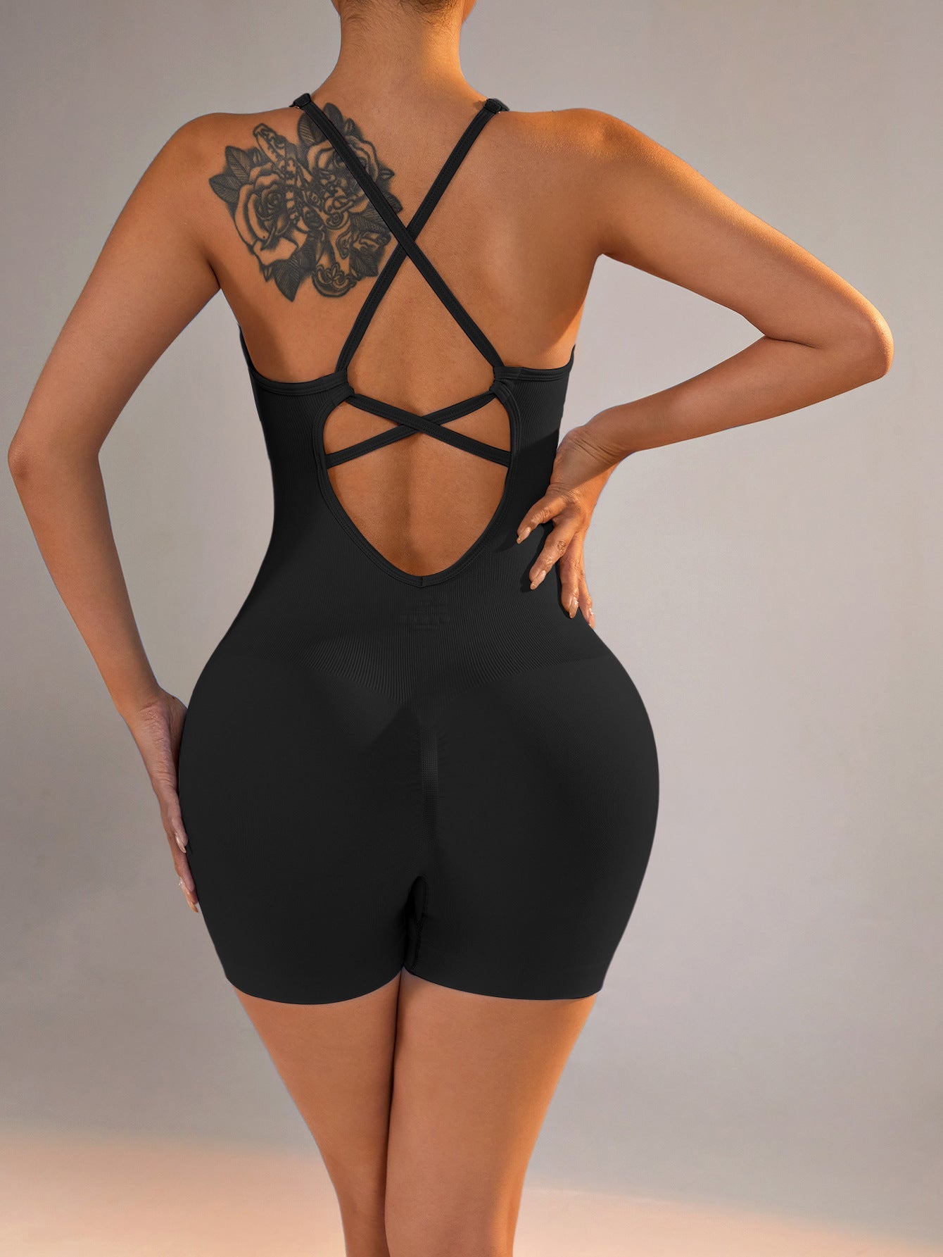 Size S Black Nylon Seamless Yoga Bodysuit - Women's Athletic Romper, Crisscross Back, Workout Jumpsuit