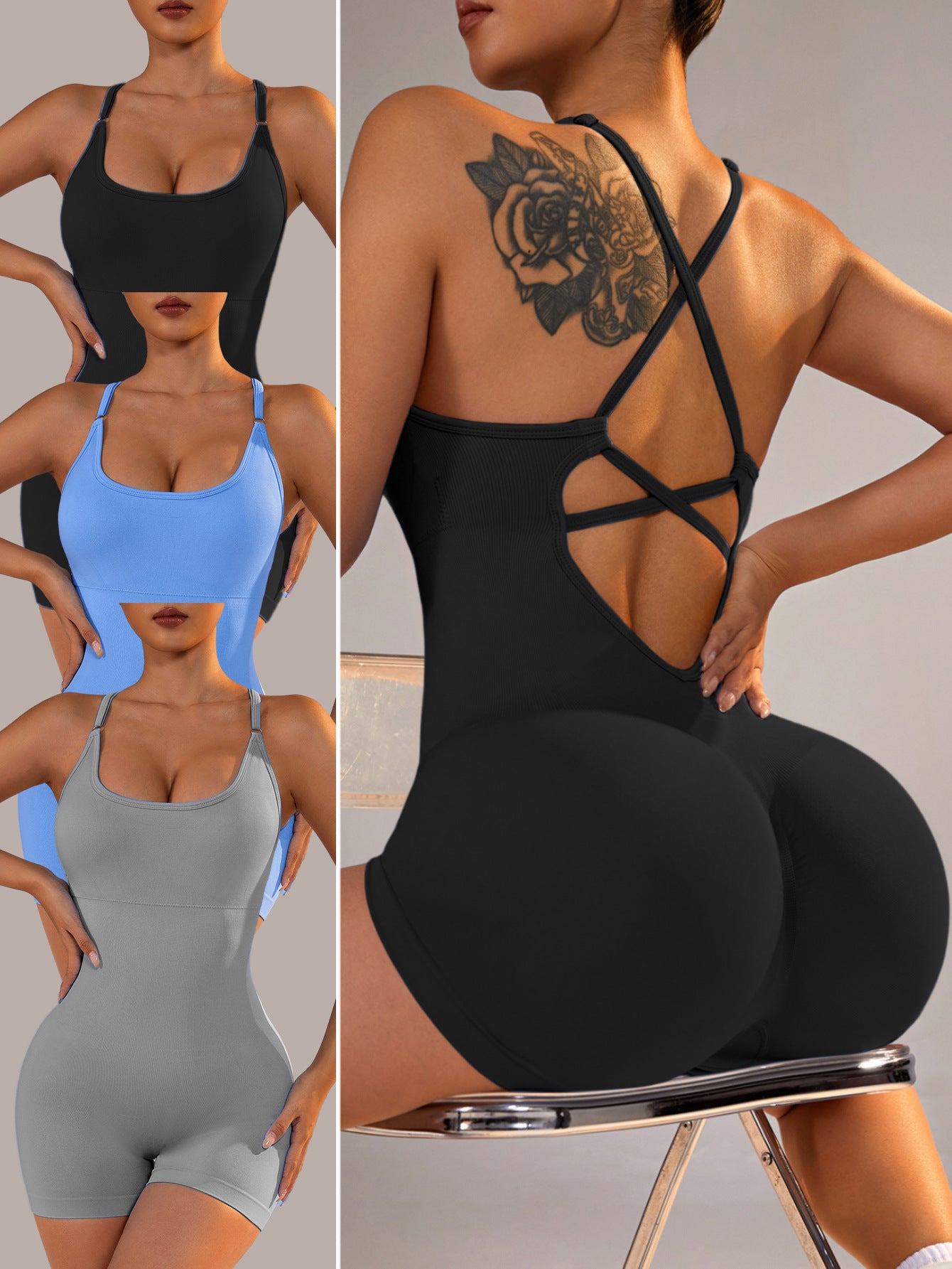 Size M Black Nylon Seamless Yoga Bodysuit - Women's Athletic Romper, Crisscross Back, Workout Jumpsuit