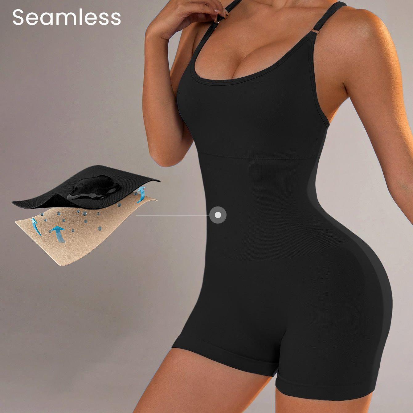 Size L Black Nylon Seamless Yoga Bodysuit - Women's Athletic Romper, Crisscross Back, Workout Jumpsuit