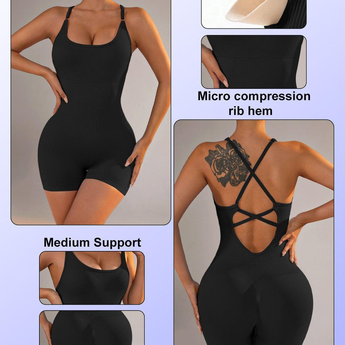 Size L Black Nylon Seamless Yoga Bodysuit - Women's Athletic Romper, Crisscross Back, Workout Jumpsuit