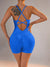 Size L Royal Blue Nylon Seamless Yoga Bodysuit - Women's Athletic Romper, Crisscross Back, Workout Jumpsuit