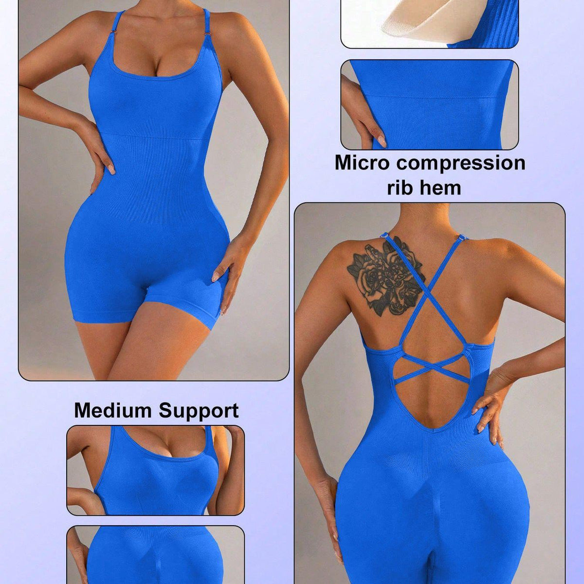 Size S Royal Blue Nylon Seamless Yoga Bodysuit - Women's Athletic Romper, Crisscross Back, Workout Jumpsuit