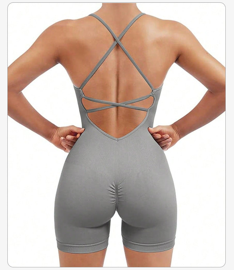 Size XS Light Grey Nylon Seamless Yoga Bodysuit - Women's Athletic Romper, Crisscross Back, Workout Jumpsuit