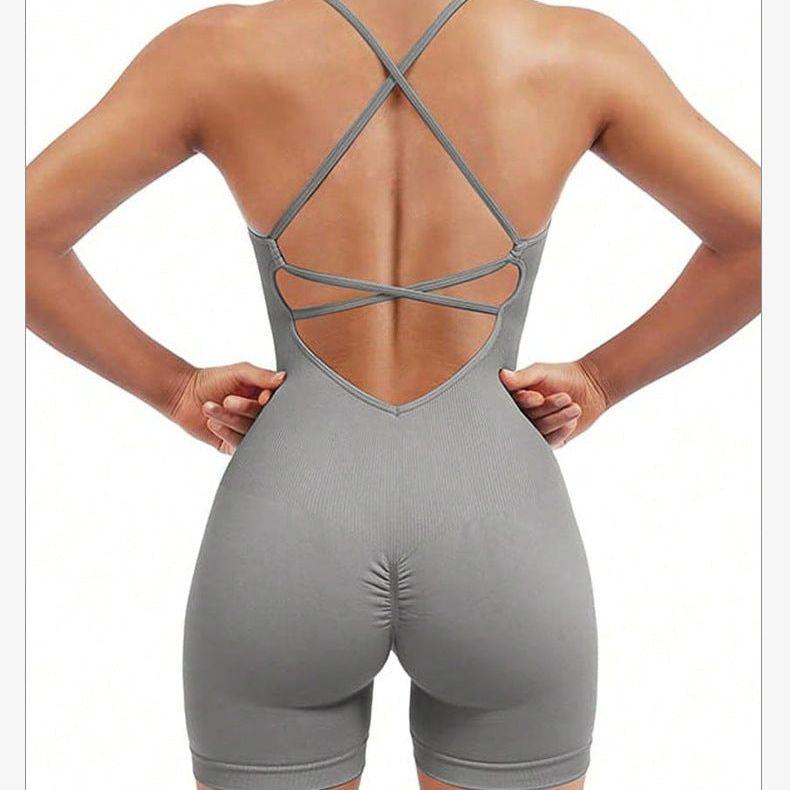 Size S Light Grey Nylon Seamless Yoga Bodysuit - Women's Athletic Romper, Crisscross Back, Workout Jumpsuit
