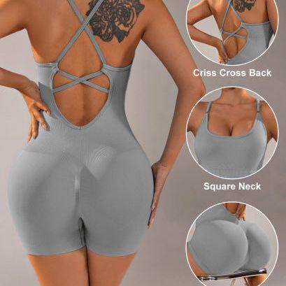 Size M Light Grey Nylon Seamless Yoga Bodysuit - Women's Athletic Romper, Crisscross Back, Workout Jumpsuit