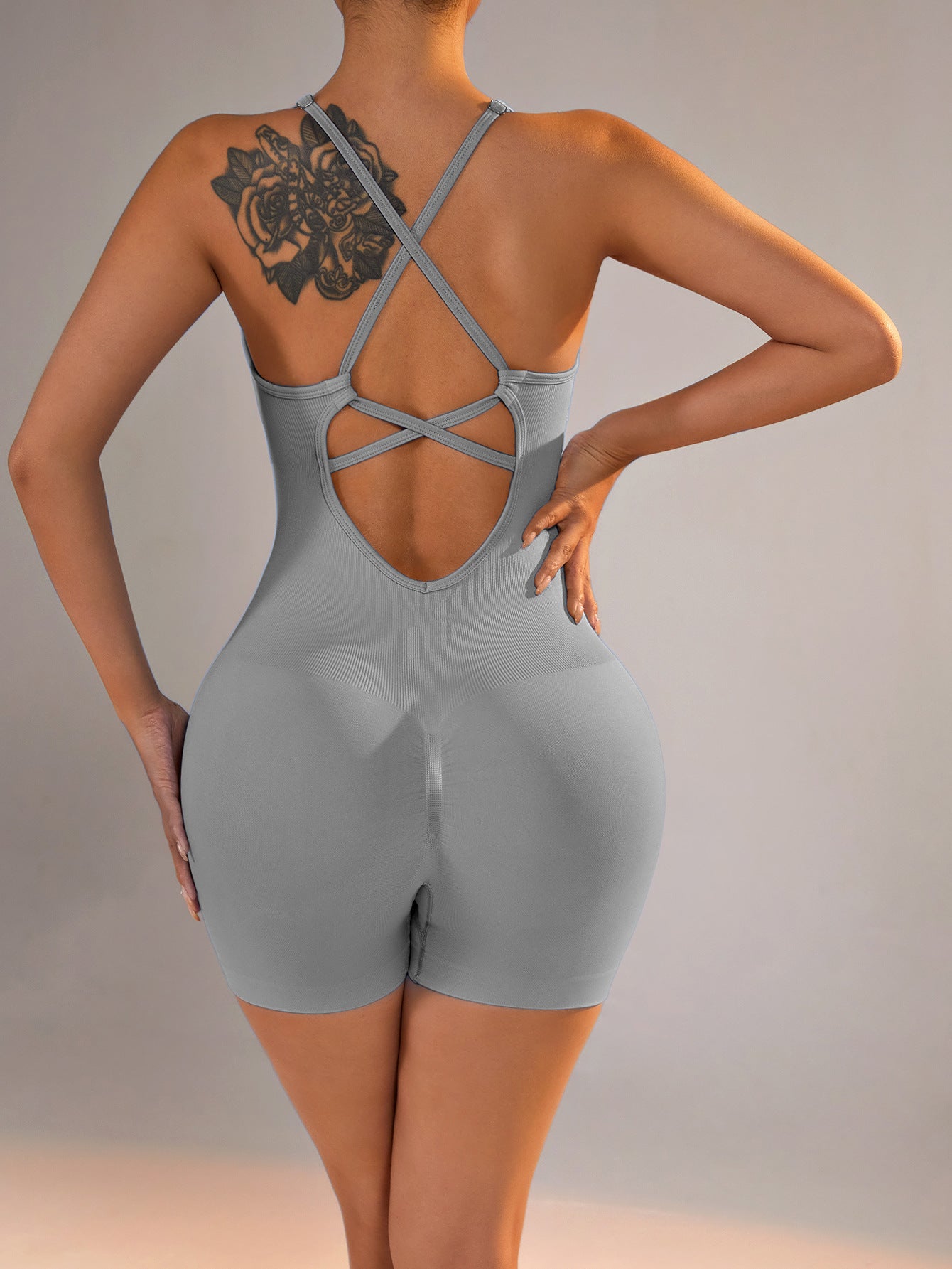 Size M Light Grey Nylon Seamless Yoga Bodysuit - Women's Athletic Romper, Crisscross Back, Workout Jumpsuit