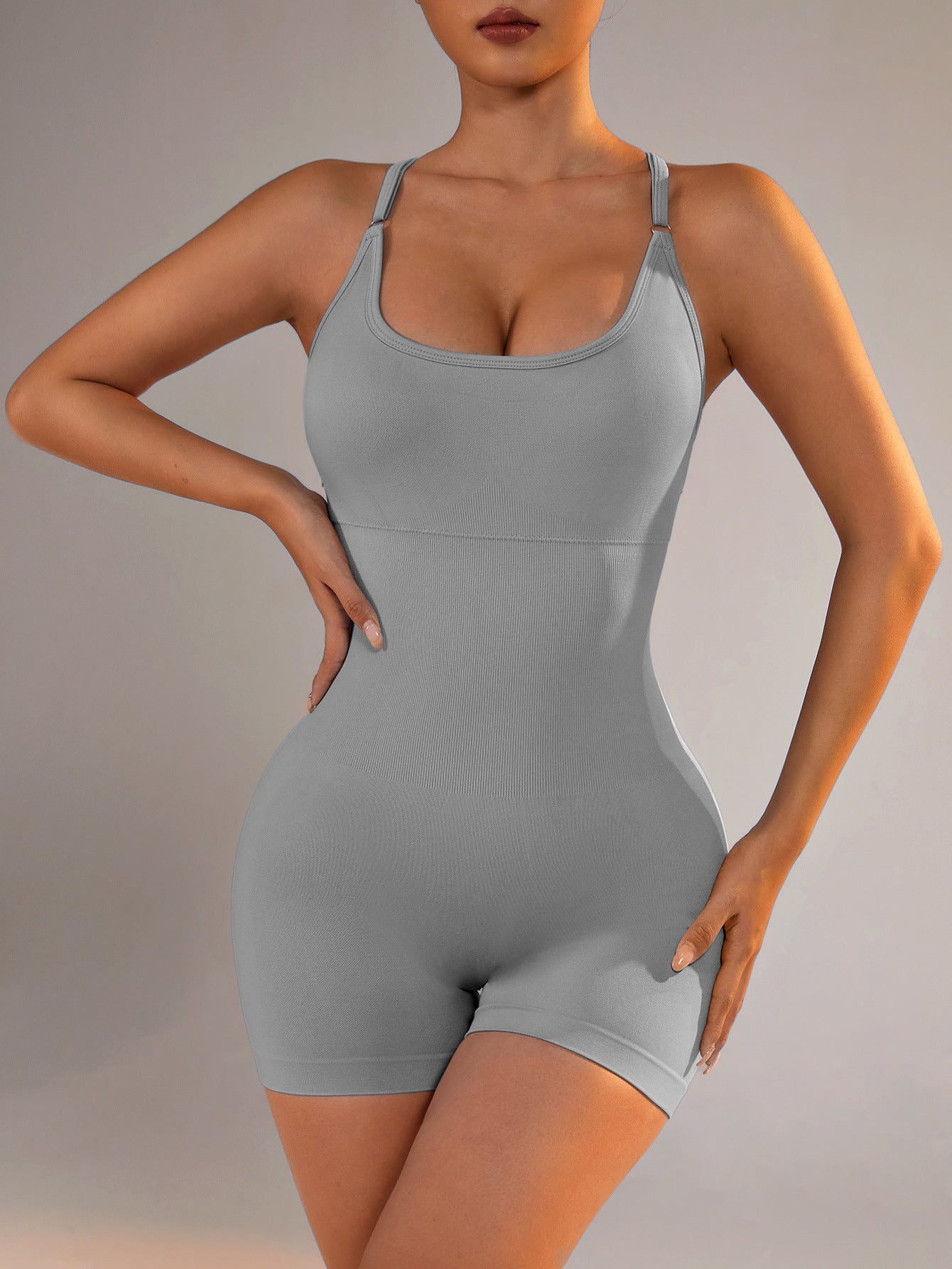 Size M Light Grey Nylon Seamless Yoga Bodysuit - Women's Athletic Romper, Crisscross Back, Workout Jumpsuit