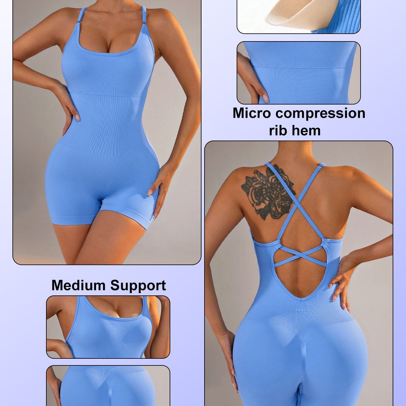 Size L Light Blue Nylon Seamless Yoga Bodysuit - Women's Athletic Romper, Crisscross Back, Workout Jumpsuit