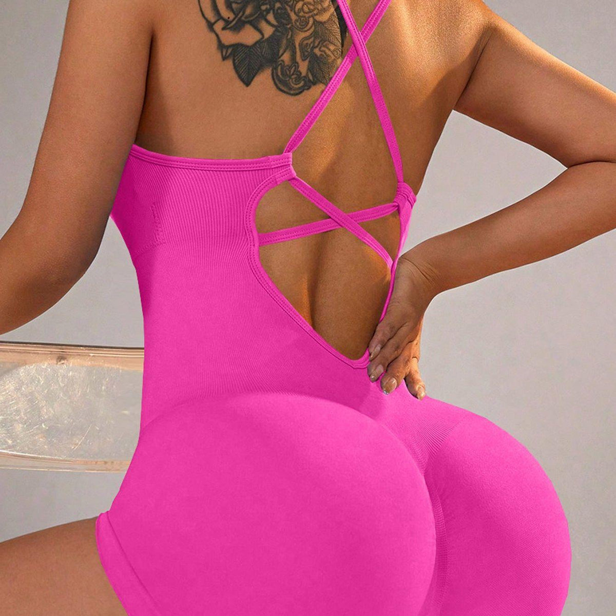 Size XS Rose Red Grey Nylon Seamless Yoga Bodysuit - Women's Athletic Romper, Crisscross Back, Workout Jumpsuit