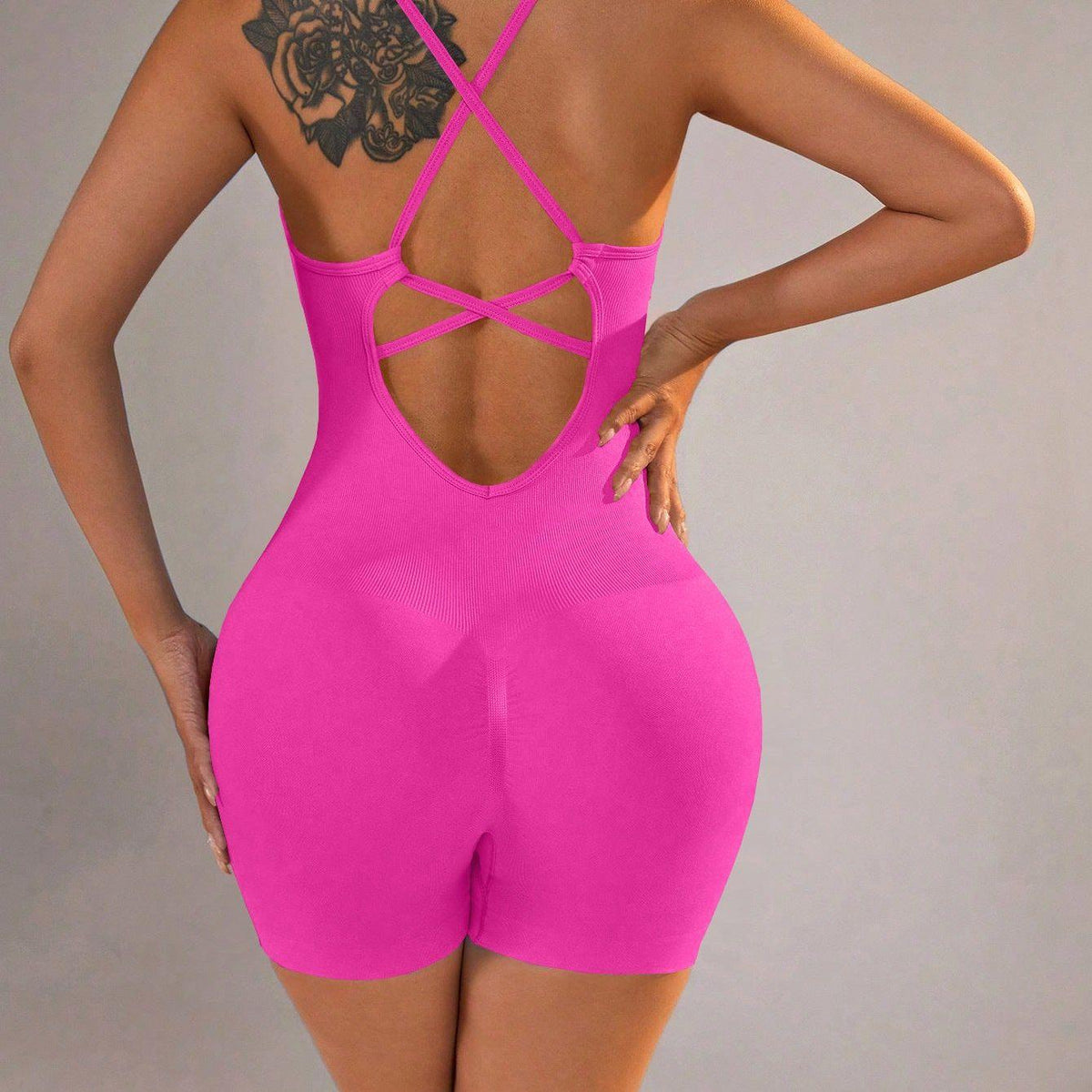 Size XS Rose Red Grey Nylon Seamless Yoga Bodysuit - Women's Athletic Romper, Crisscross Back, Workout Jumpsuit