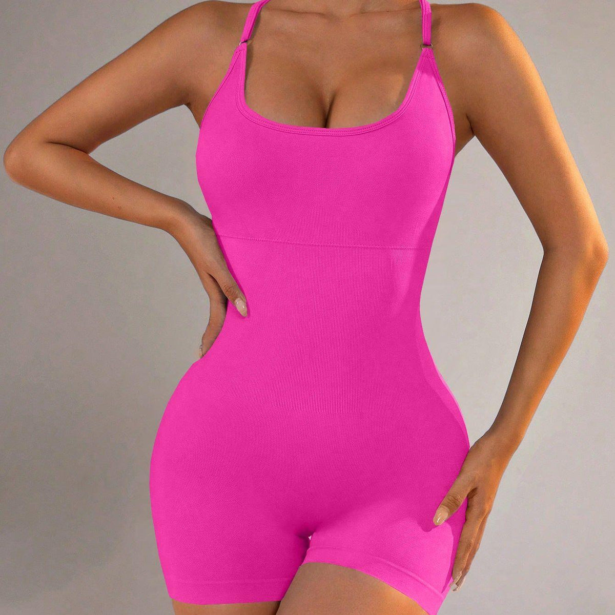 Size S Rose Red Grey Nylon Seamless Yoga Bodysuit - Women's Athletic Romper, Crisscross Back, Workout Jumpsuit