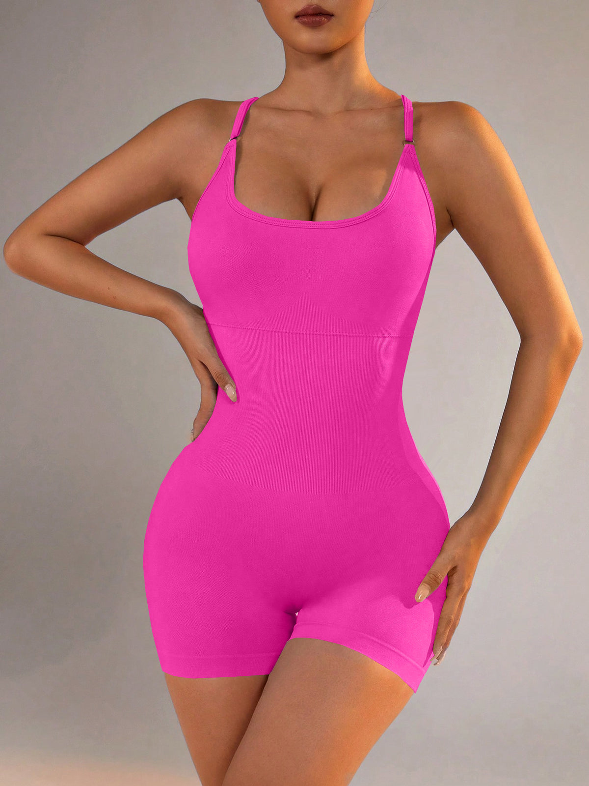Size L Rose Red Grey Nylon Seamless Yoga Bodysuit - Women&#39;s Athletic Romper, Crisscross Back, Workout Jumpsuit