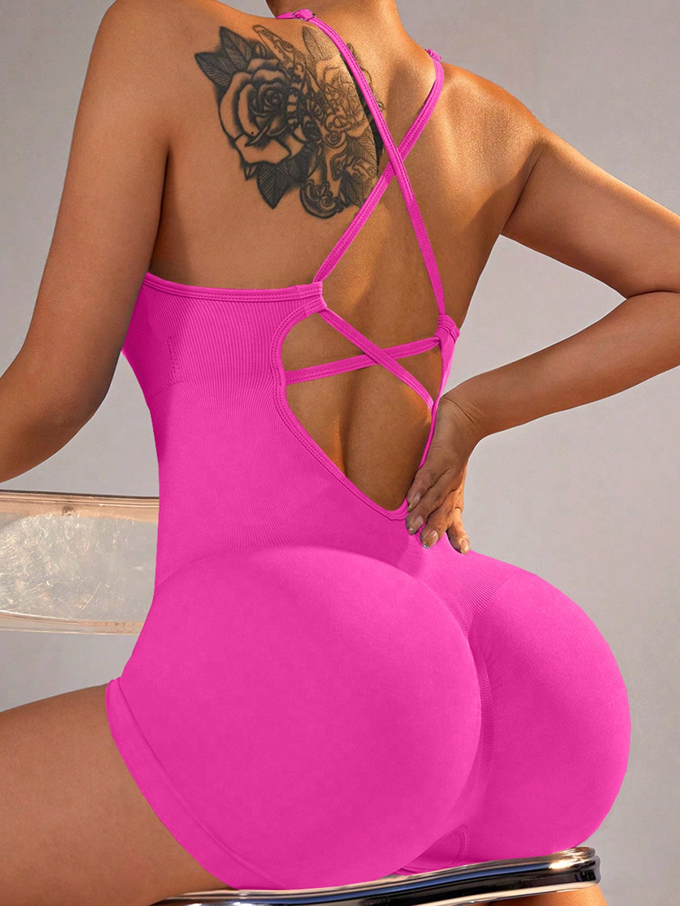 Size L Rose Red Grey Nylon Seamless Yoga Bodysuit - Women's Athletic Romper, Crisscross Back, Workout Jumpsuit