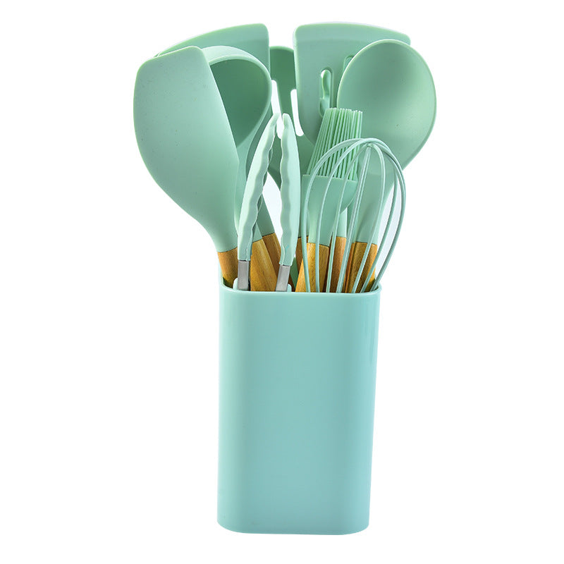 Green 12-Piece Silicone Kitchen Utensil Set with Beechwood Handles &amp; Holder