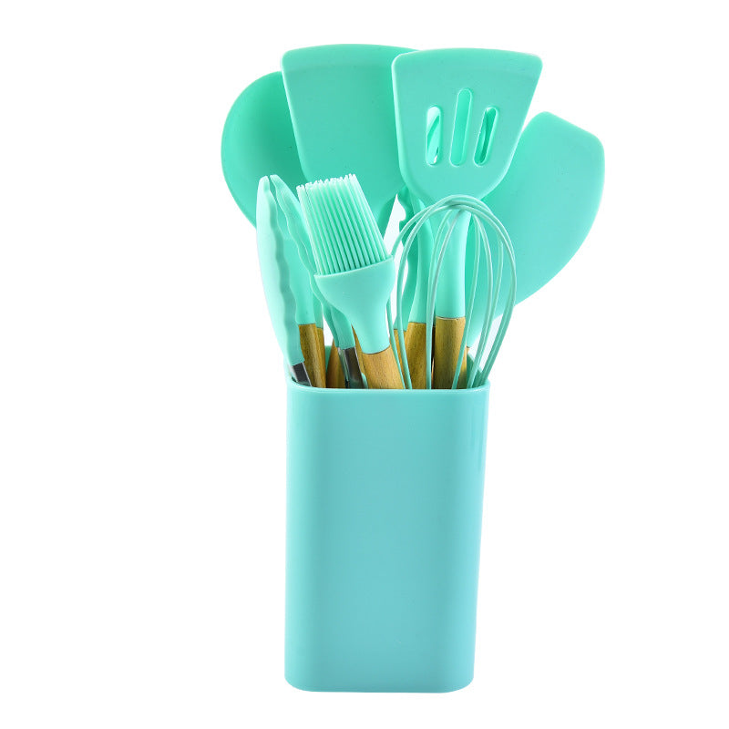 Light Green 12-Piece Silicone Kitchen Utensil Set with Beechwood Handles &amp; Holder