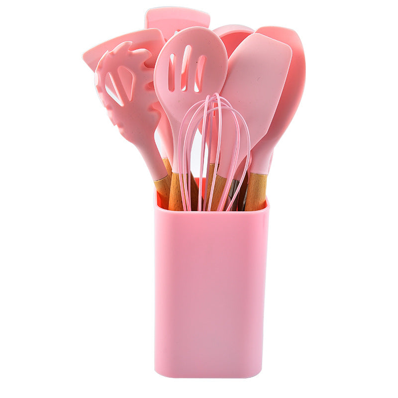 Pink 12-Piece Silicone Kitchen Utensil Set with Beechwood Handles &amp; Holder