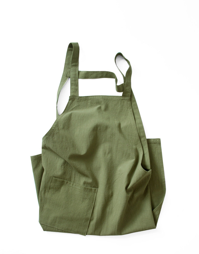 Green Cotton Linen H-Back Apron - Solid Color Kitchen Cooking Apron with Pocket