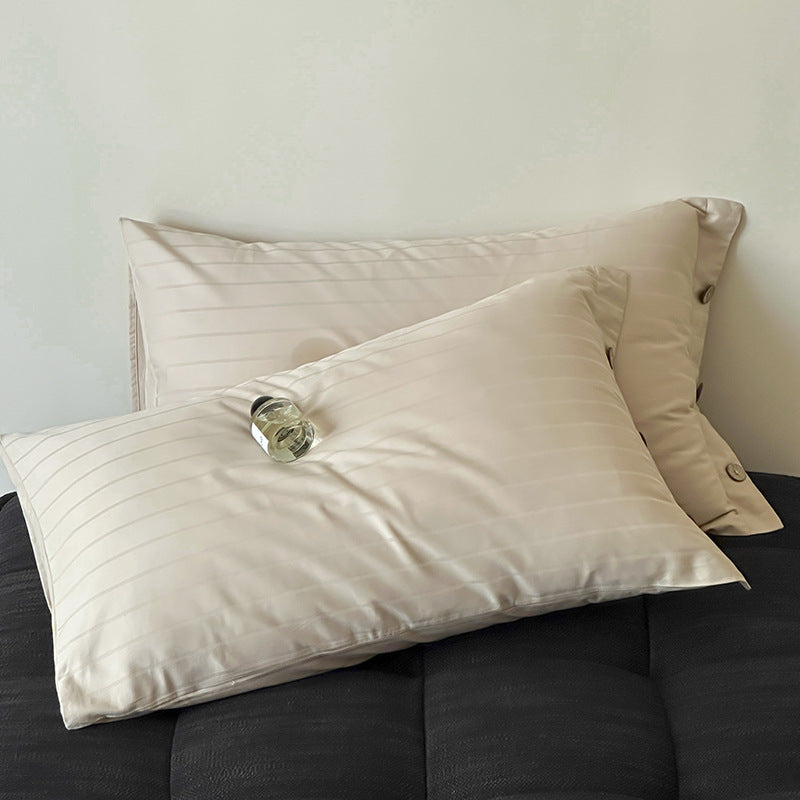 Beige Wide Stripes Long Staple Cotton Sateen Pillowcase Set - Jacquard Striped, Pure Cotton, 48x74cm (Pair)