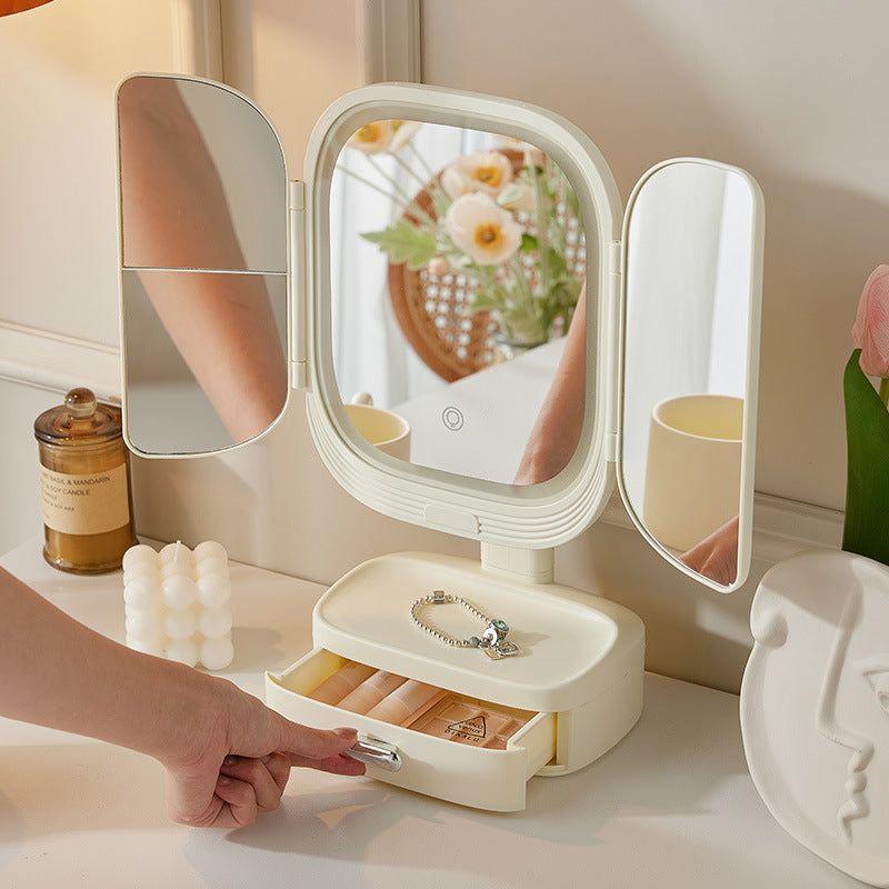 White LED Lighted Tri-Fold Makeup Mirror with Storage Drawer & Magnification(USB Charging Port)