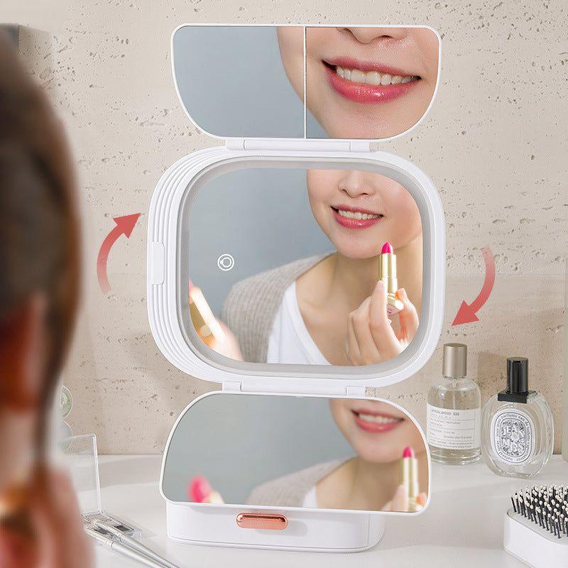 White LED Lighted Tri-Fold Makeup Mirror with Storage Drawer & Magnification(USB Charging Port)