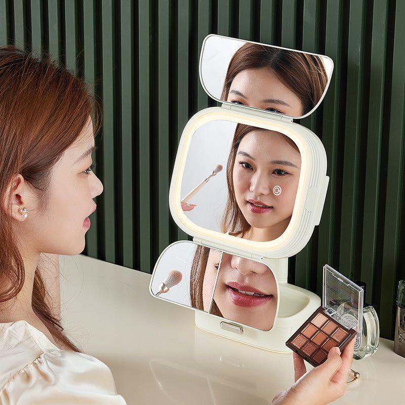 Pink LED Lighted Tri-Fold Makeup Mirror with Storage Drawer & Magnification(USB Charging Port)