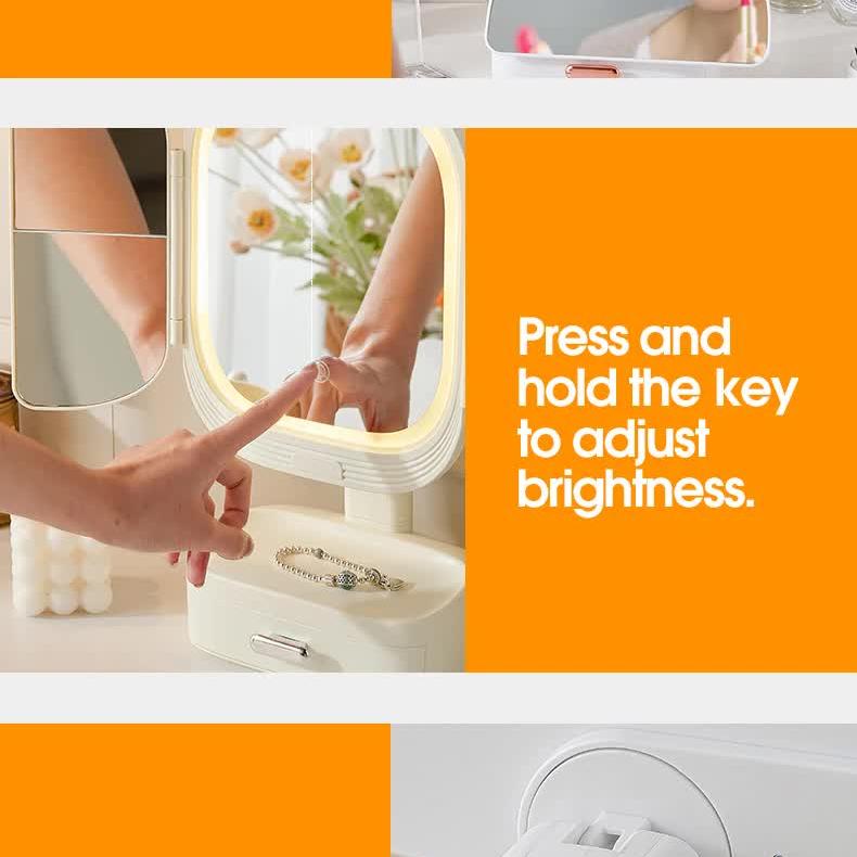 Pink LED Lighted Tri-Fold Makeup Mirror with Storage Drawer & Magnification(USB Charging Port)