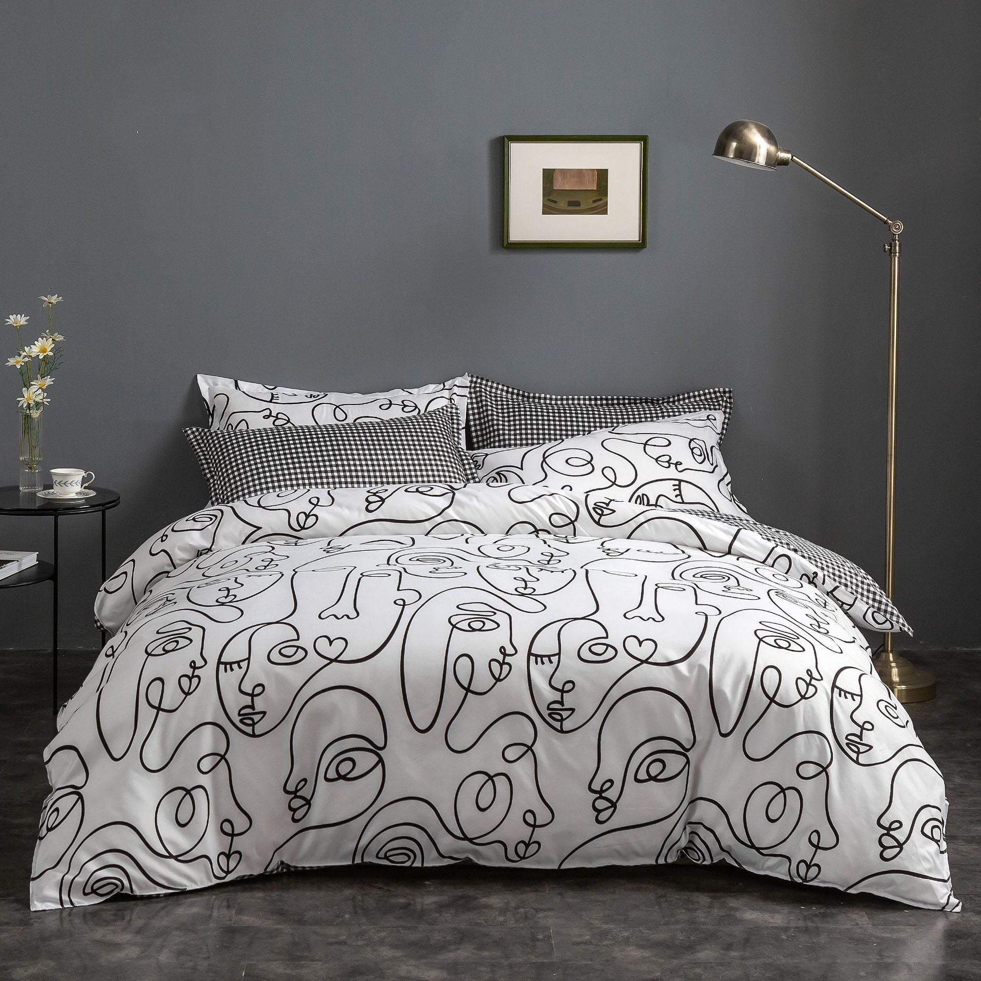 Face Line Graffiti Pattern 3-Piece Polyester Duvet Cover Set with 2 Pcs Pillowcases - Elegant Bedding, Machine Washable, 173x230cm Duvet + 51x76cm Pillowcases