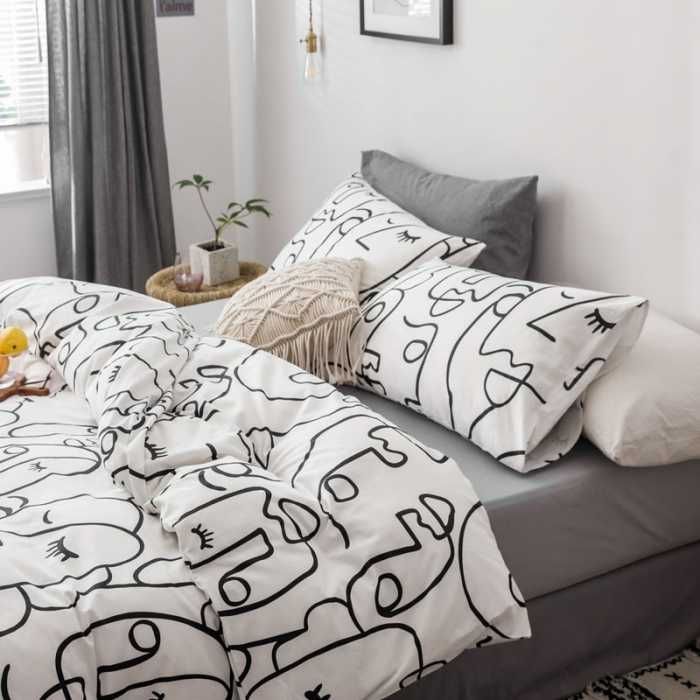 Face Line Graffiti Pattern 3-Piece Polyester Duvet Cover Set with 2 Pcs Pillowcases - Elegant Bedding, Machine Washable, 173x230cm Duvet + 51x76cm Pillowcases