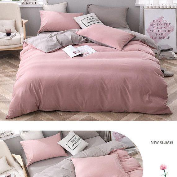Gray And Pink Stitching Ultra-Soft Solid Color 4-Piece Bedding Set - Queen Size(Suitable for 2m bed)