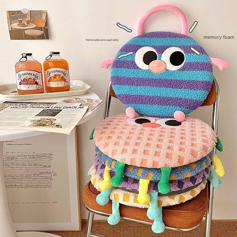 Blue And Purple Stripes Cute Cartoon Round Memory Foam Seat Cushion - Detachable & Washable
