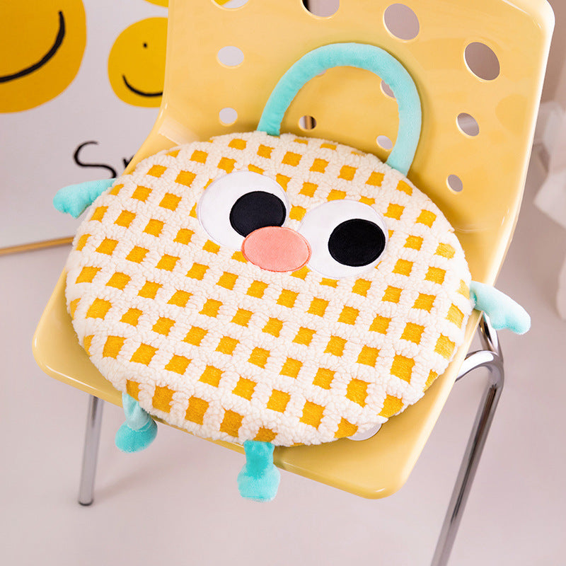 Yellow Plaid Cute Cartoon Round Memory Foam Seat Cushion - Detachable &amp; Washable