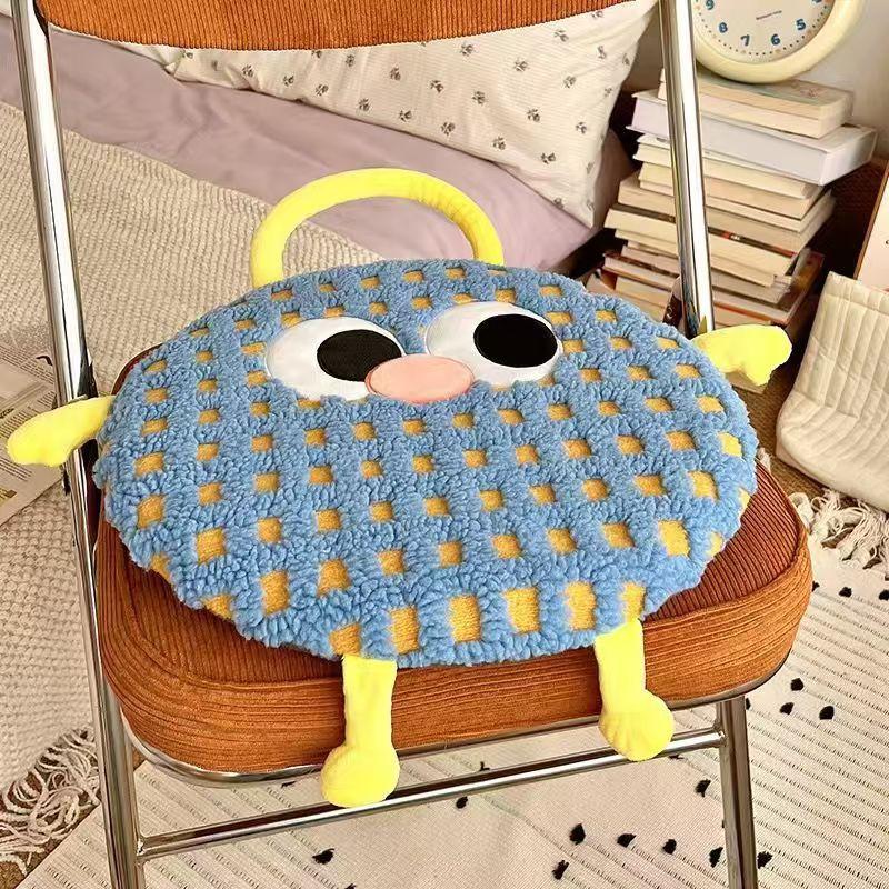 Blue Plaid Cute Cartoon Round Memory Foam Seat Cushion - Detachable &amp; Washable