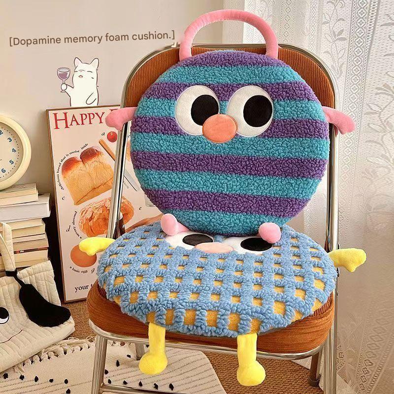 Blue Plaid Cute Cartoon Round Memory Foam Seat Cushion - Detachable & Washable