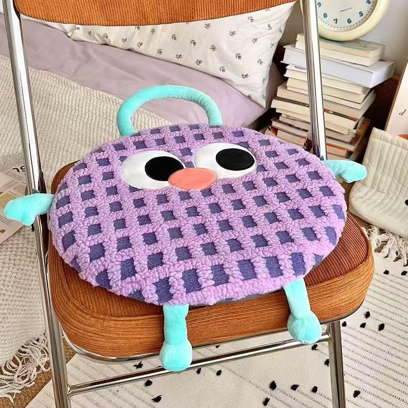 Purple Plaid Cute Cartoon Round Memory Foam Seat Cushion - Detachable &amp; Washable