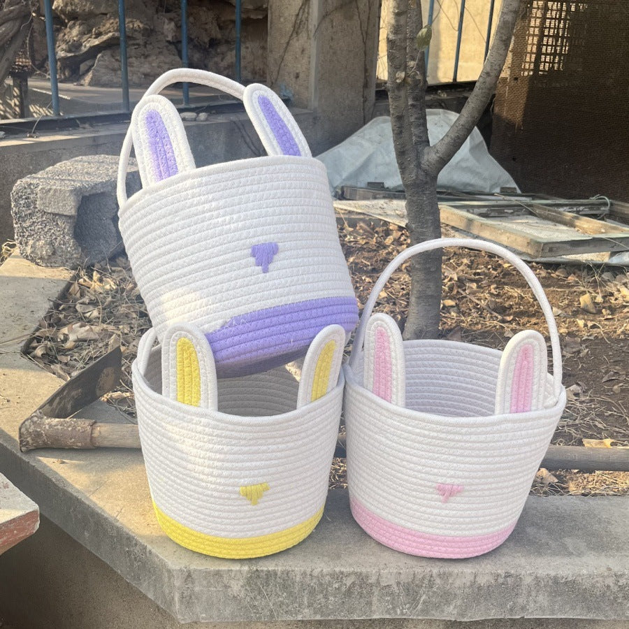 Blue And White Stitching Charming Easter Egg Tote Basket - Cute Rabbit-Themed Handwoven Cotton Rope Candy Holder