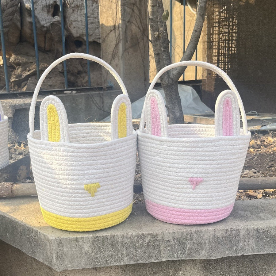 Pink And White Stitching Charming Easter Egg Tote Basket - Cute Rabbit-Themed Handwoven Cotton Rope Candy Holder