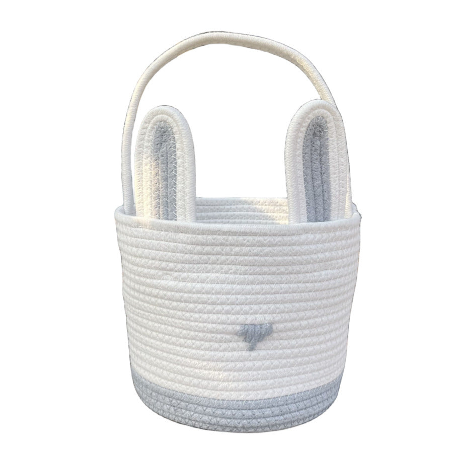 Grey And White Stitching Charming Easter Egg Tote Basket - Cute Rabbit-Themed Handwoven Cotton Rope Candy Holder