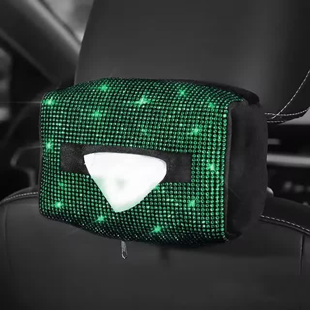Green Diamond Bling Rhinestone Car Tissue Box Holder - Applies to Visor &amp; Seat Back