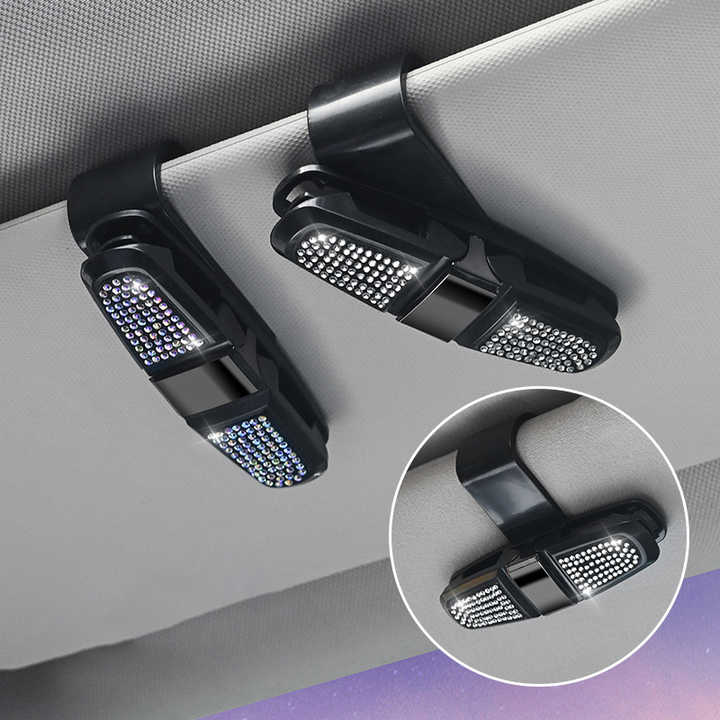 6 Pcs Black Luxury Rhinestone Car Sun Visor Glasses Clip - Multi-Functional, 180° Rotatable, ABS Material