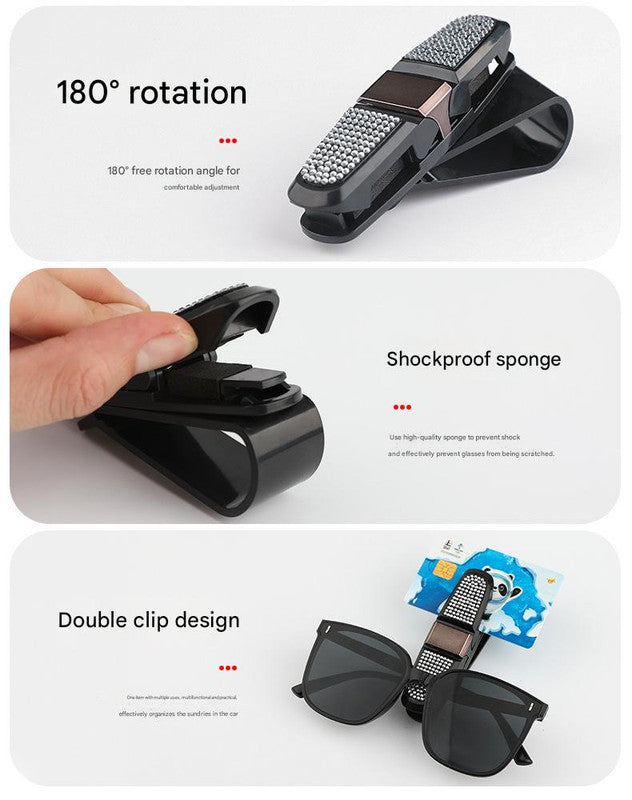6 Pcs Red Luxury Rhinestone Car Sun Visor Glasses Clip - Multi-Functional, 180° Rotatable, ABS Material