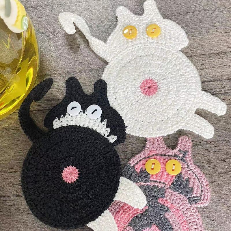 4 Pcs White Cute Cat Butt Knitted Coaster - Lightweight Crochet Drink Mat, 15x10cm