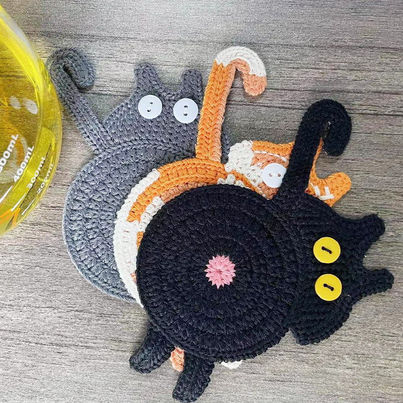 4 Pcs Black Cute Cat Butt Knitted Coaster - Lightweight Crochet Drink Mat, 15x10cm