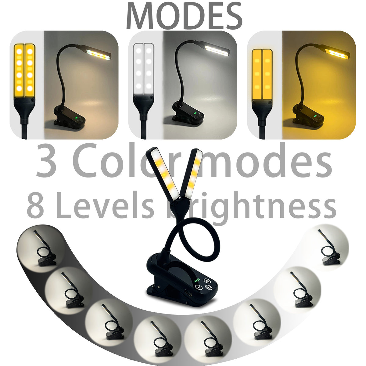 Black Rechargeable Dual-Head Clip-On Book Light - Touch Control Reading Lamp with Eye Protection