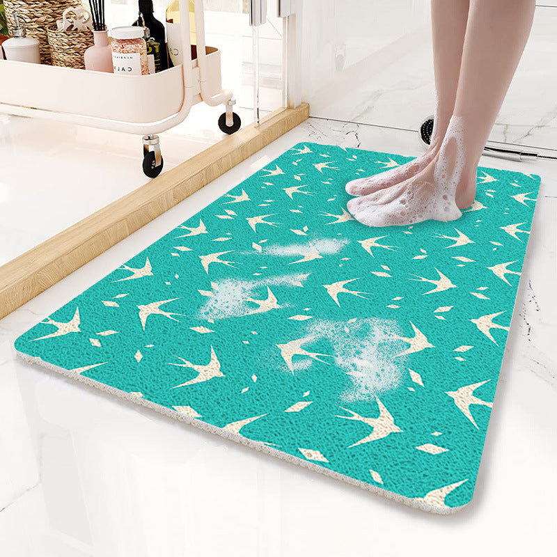 Teal Flying Bird Pattern  PVC Non-Slip Bath Mat 45x75cm - Shower Drain Hole Design, Soft &amp; Quick-Dry Bathroom Rug