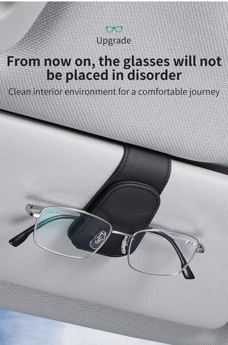 2 Pcs Black PU Leather Car Visor Sunglasses Holder - Multi-Functional Clip for Glasses, Cards & Tickets, 9.5x4.5cm