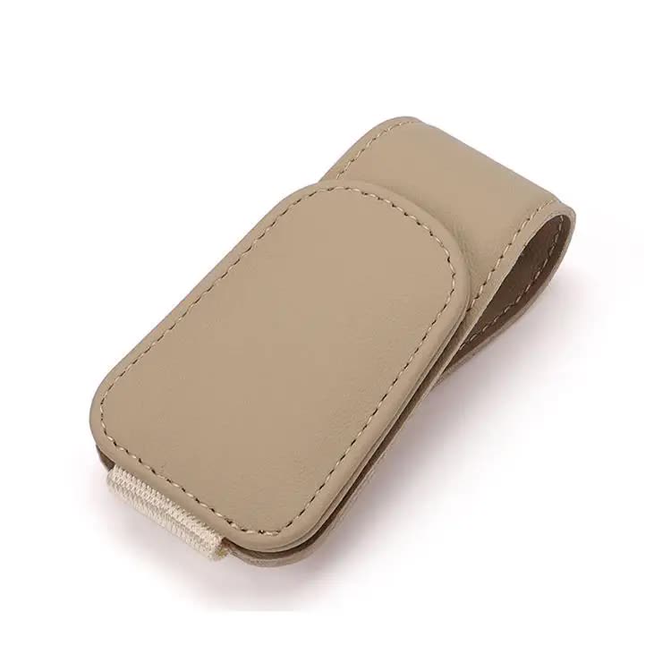 2 Pcs Beige PU Leather Car Visor Sunglasses Holder - Multi-Functional Clip for Glasses, Cards &amp; Tickets, 9.5x4.5cm