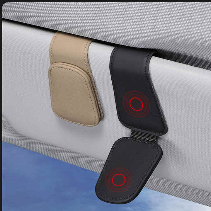 2 Pcs Beige PU Leather Car Visor Sunglasses Holder - Multi-Functional Clip for Glasses, Cards & Tickets, 9.5x4.5cm