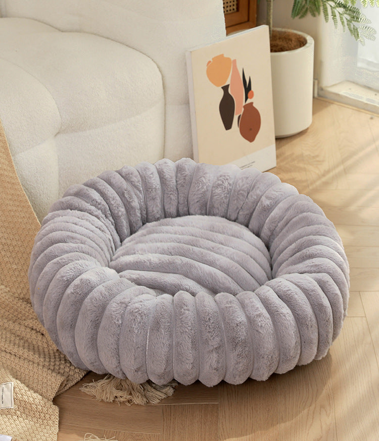 Grey Plush Pet Bed - 40cm Round Dog &amp; Cat Mat, Cozy PP Cotton Filled, Comfortable Pet Supplies