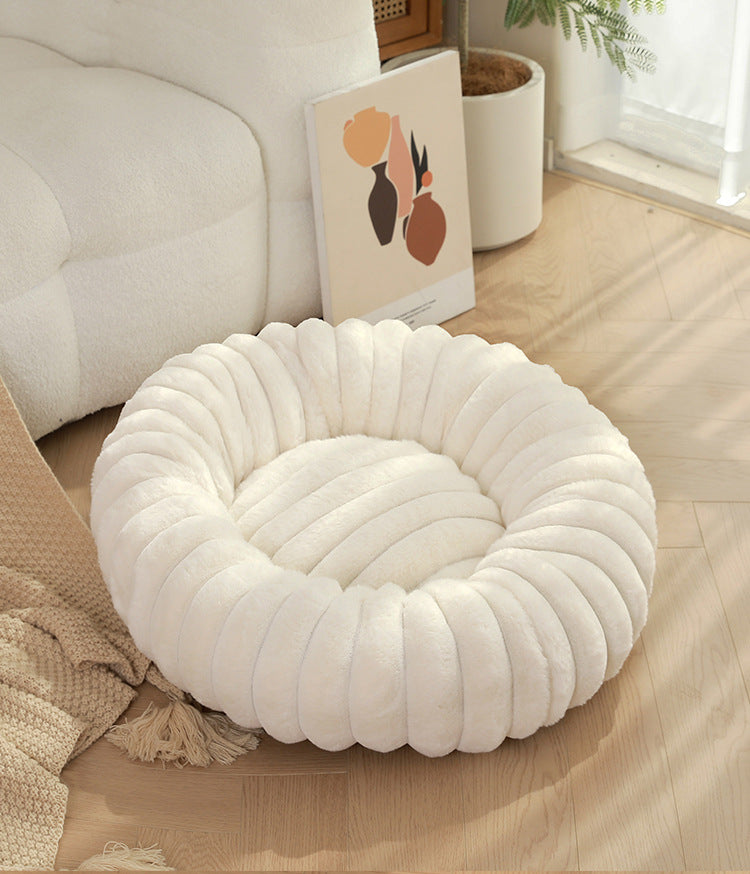 White Plush Pet Bed - 40cm Round Dog &amp; Cat Mat, Cozy PP Cotton Filled, Comfortable Pet Supplies